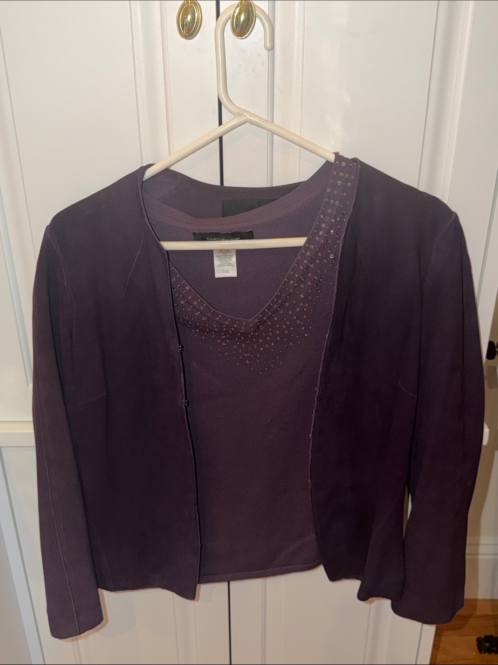 Jones New York Deep Purple Open-Front Jacket with Embellished Knit Top